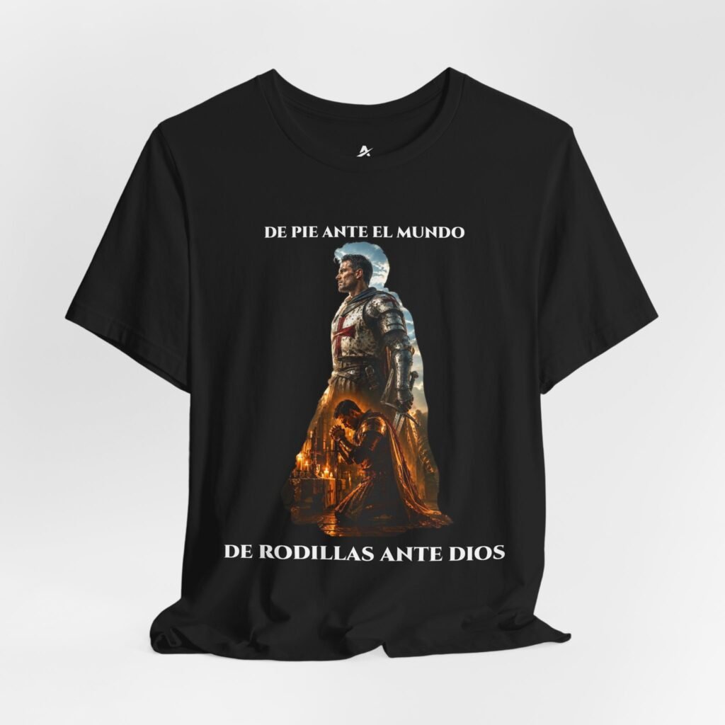 Camiseta DE PIE ANTE EL MUNDO, DE RODILLAS ANTE DIOS | Hombre Alfa® — Colección GRIAL